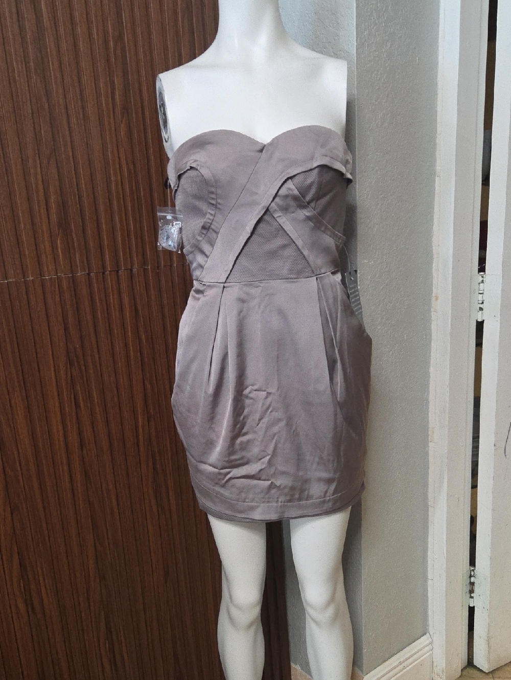 bebe Strapless Taupe Bodycon Dress with Crossover Bodice [1216]